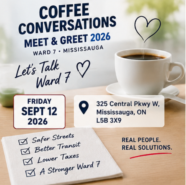 Coffee Conversations Meet & Greet 2026 event poster — September 12, 325 Central Pkwy W, Mississauga